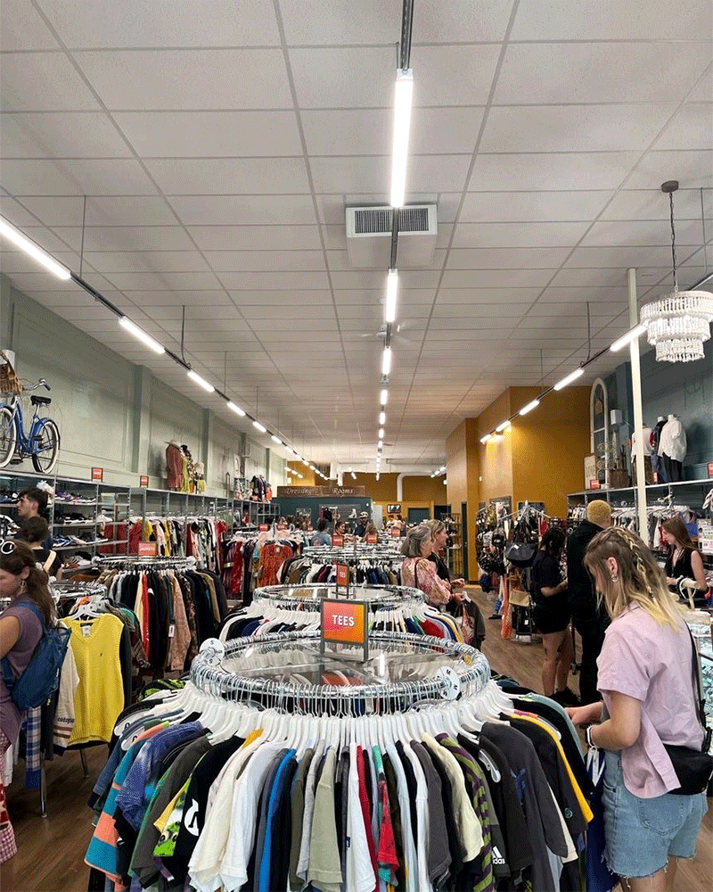 Buffalo Exchange Spokane interior with customers shopping on sales floor