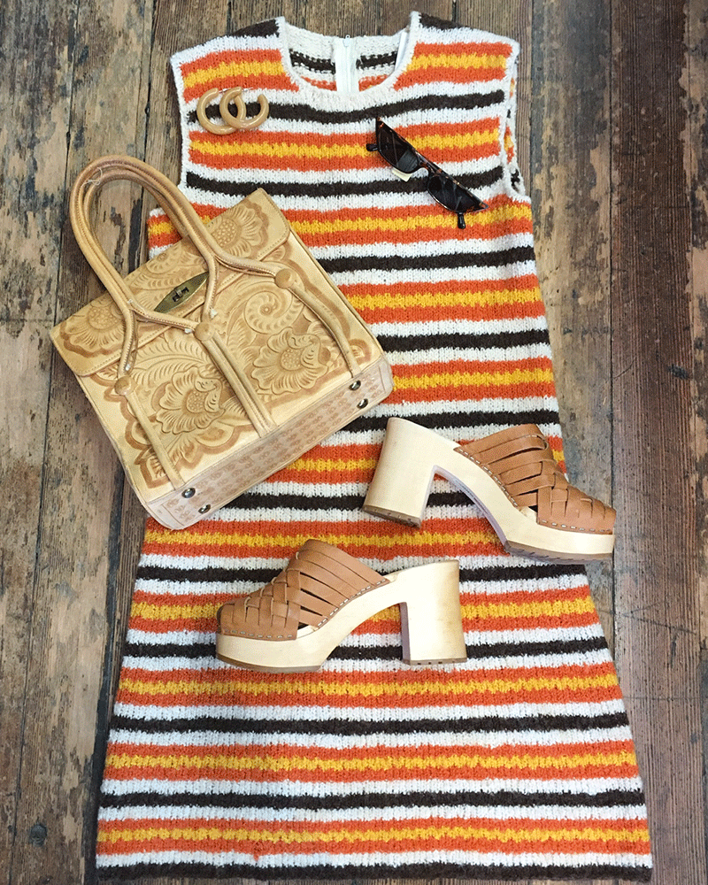 outfit flat lay of orange and brown striped knit dress with tan purse and brown heels