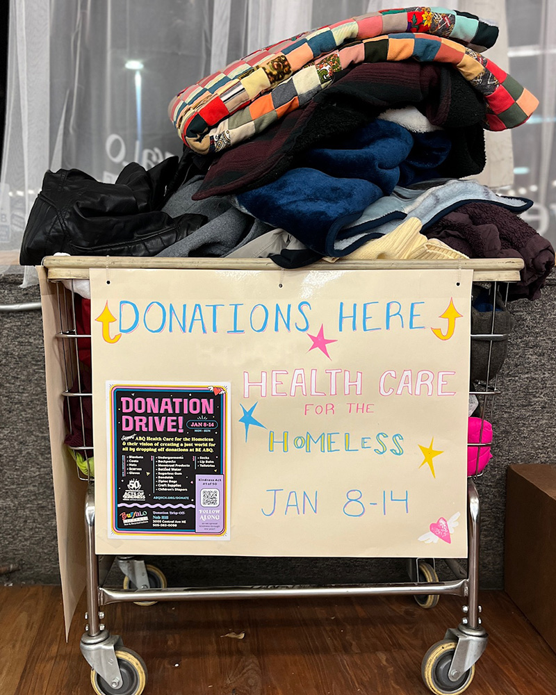 Bin of donations for Albuquerque Healthcare for the Homeless