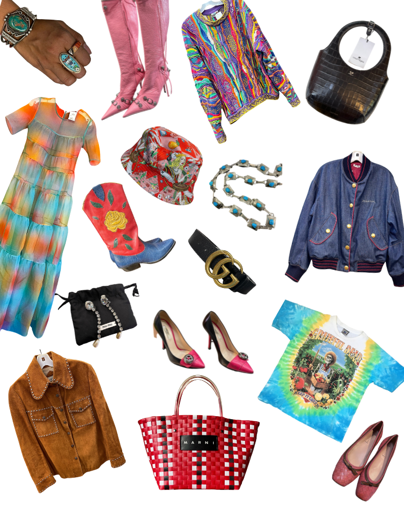 Collage of brightly colored designer, vintage and western clothes and accessories