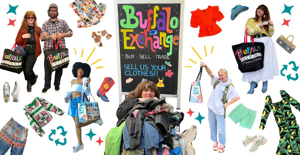 Collage of Buffalo Exchange customers and warm weather clothes