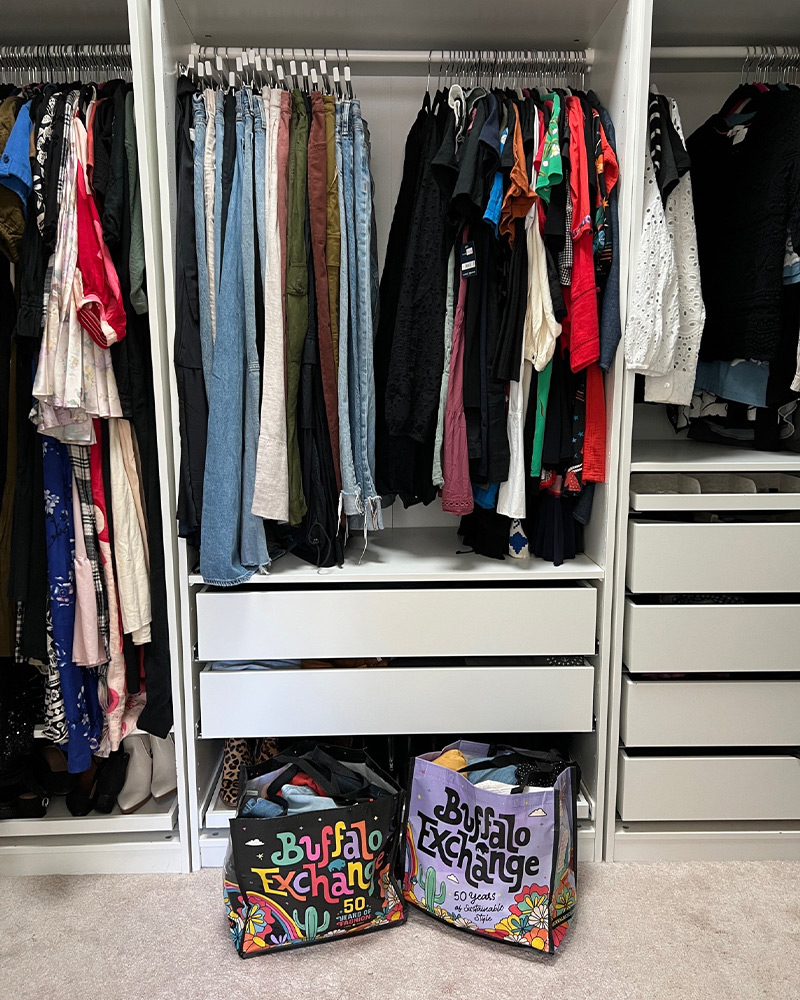 A closet with buffalo tote bags filled with recently decluttered items