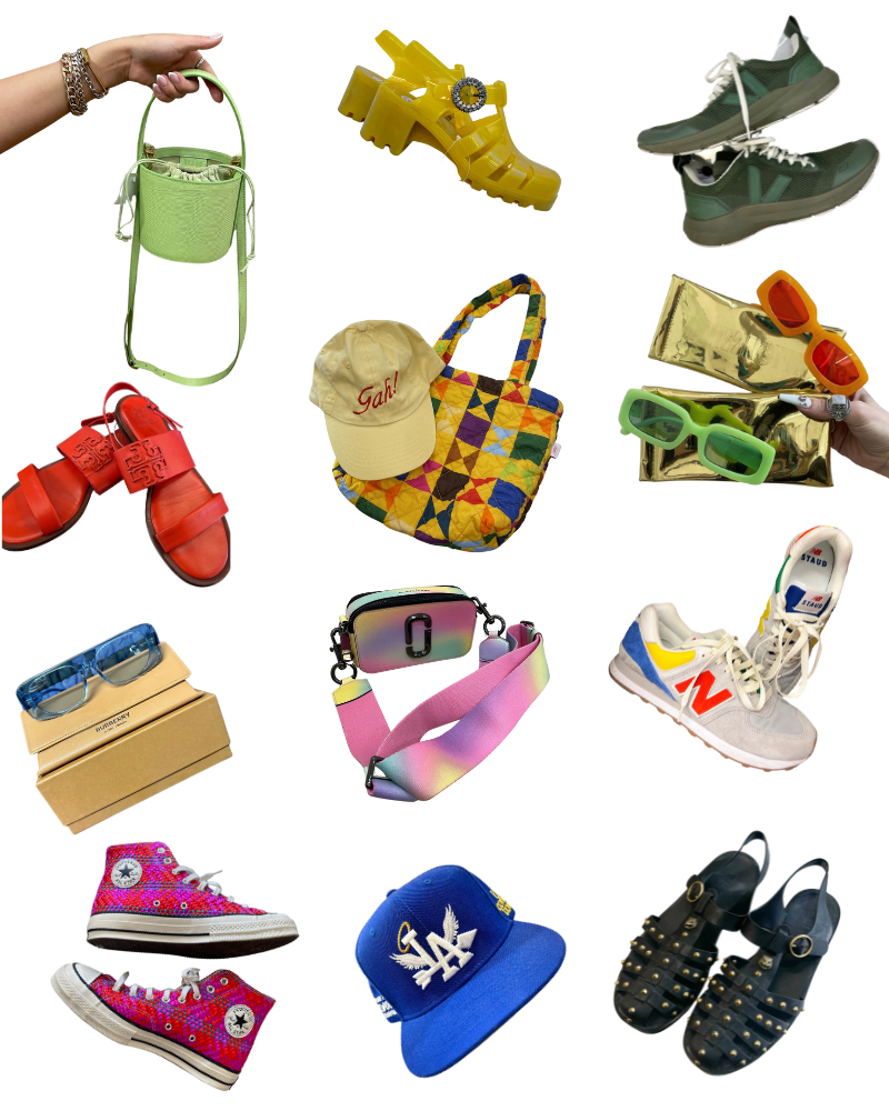 Collage of handbags, hats, shoes, sandals and sunglasses