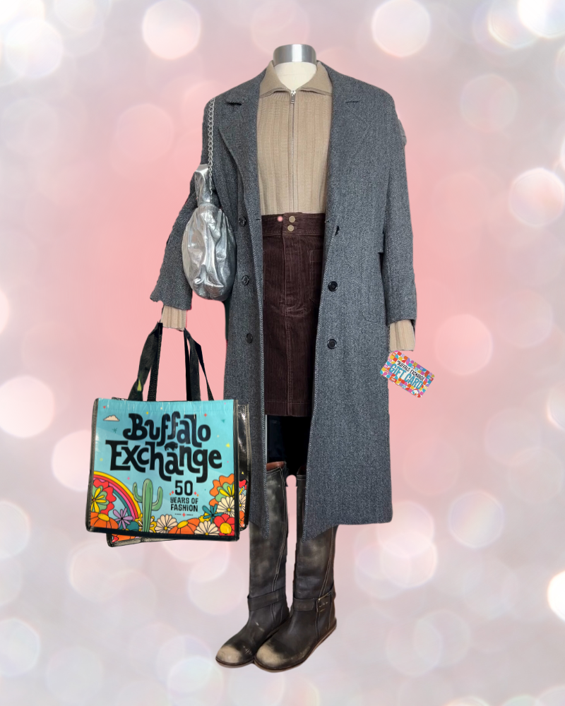 Mannequin holding Buffalo Exchange gift card tote bags wears neutral outfit and gray coat