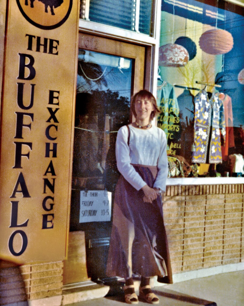 trimmed Vintage photo of Kerstin Block standing out front of the original Buffalo Exchange store