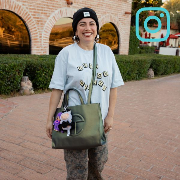 person standing in cute outfit with telfar bag and instagram logo overlay