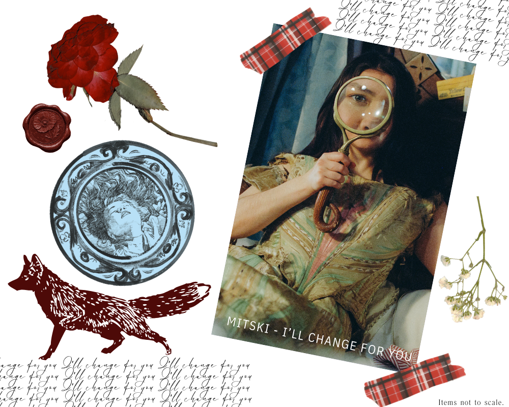 Mitski x Buffalo Exchange poster and collectible pin surrounded by scrapbook inspired decorations