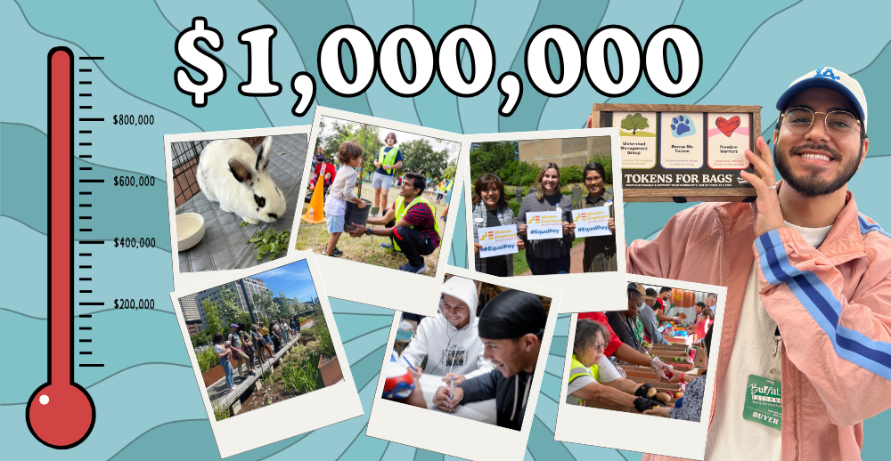 Collage of pictures from different non-profits. Employee holding Tokens for Bags donation box. Graphic of donation tracker reaching 1,000,000.