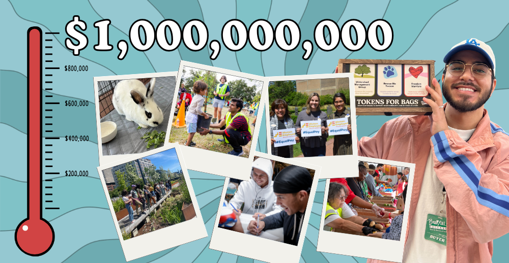 Collage of pictures from different non-profits. Employee holding Tokens for Bags donation box. Graphic of donation tracker reaching 1,000,000.