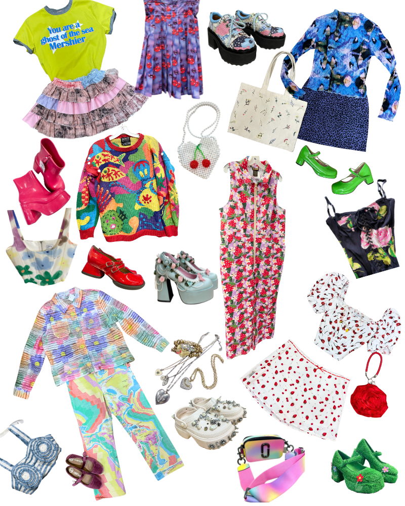 collage of brightly colored hemlocke springs inspired clothing and accessories