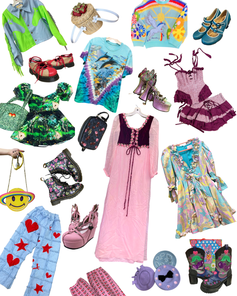 2nd collage of brightly colored hemlocke springs inspired clothing and accessories